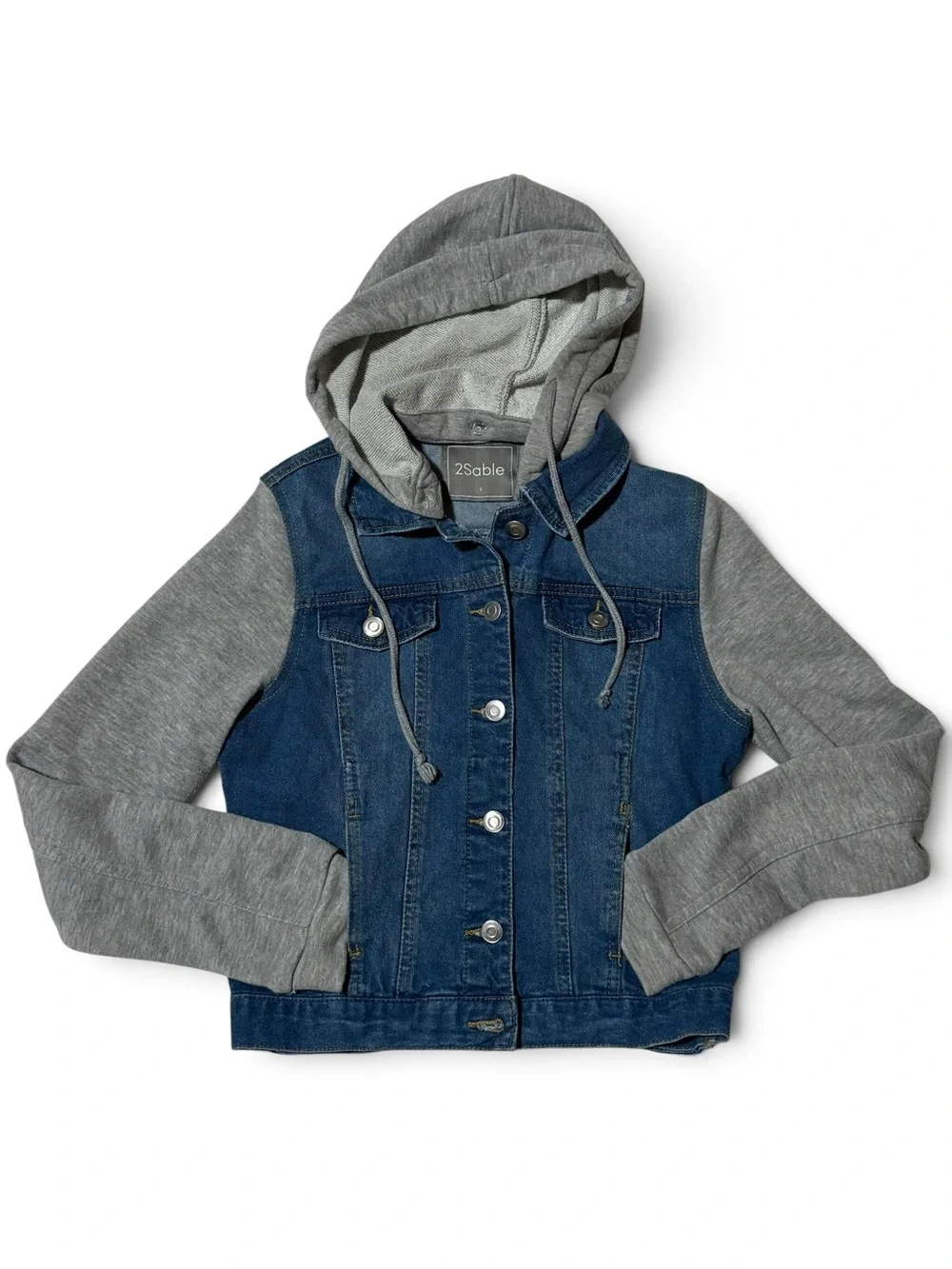 2Sable Girls Blue Denim Jacket with Gray Hoodie and Sleeves Small